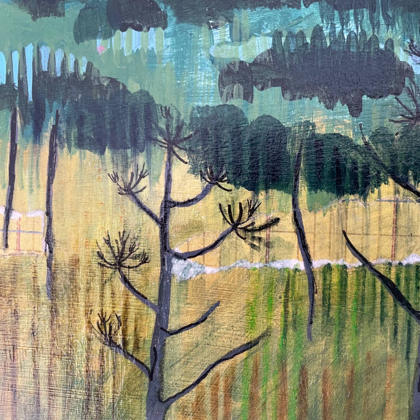Detail of Aegean Autumn mixed media original landscape by Elaine Boylan. Close up of field in the foreground showing collage and brushstrokes. Colours are mainly greens, golds and blues.