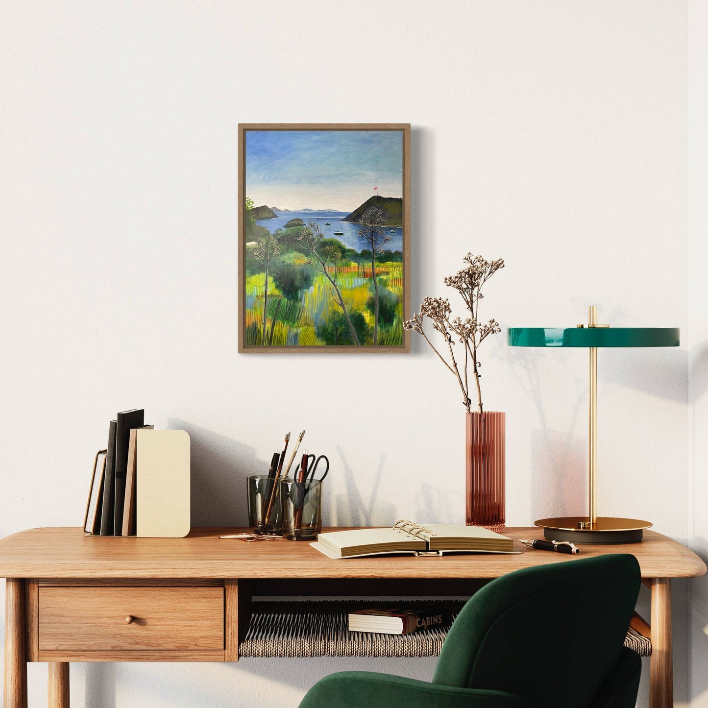 fter the Rain landscape by Elaine Boylan. View across Gümüşlük bay on the Bodrum Peninsula in Turkey. Pale blue sky, turquoise sea, hill with flag pole flying the Turkish flag, field in the foreground. Colours are mainly greens, golds and blues. High quality giclée print on stretched canvas framed in a natural wood float frame. Print is shown in a bright room above a desk and green velvet chair.