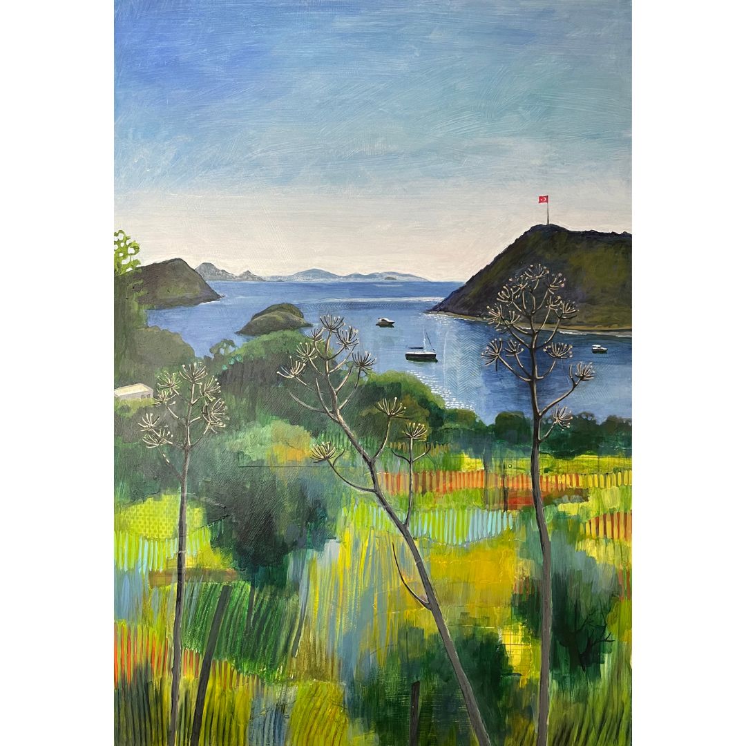After the Rain mixed media original landscape by Elaine Boylan. View from Gümüşlük on the Bodrum Peninsula in Turkey. Blue sky over the Aegean sea, hill with flag pole flying the Turkish flag, field in the foreground, Greek islands in the distance. Colours are mainly greens, golds and blues. Materials are collage and acrylic paint on board.