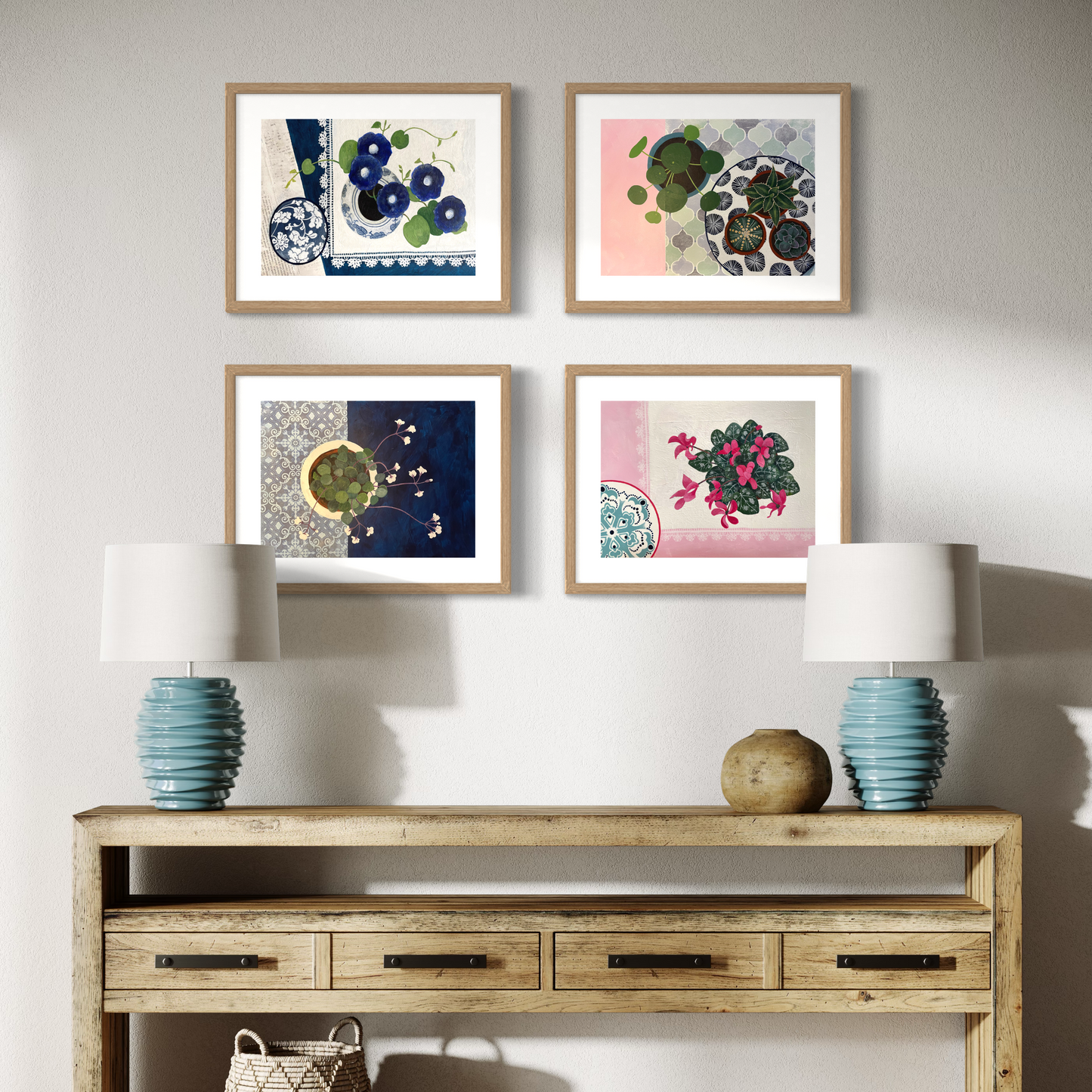 Floral Still Life Set | Four A3 Fine Art Prints | Natural Wood Frame