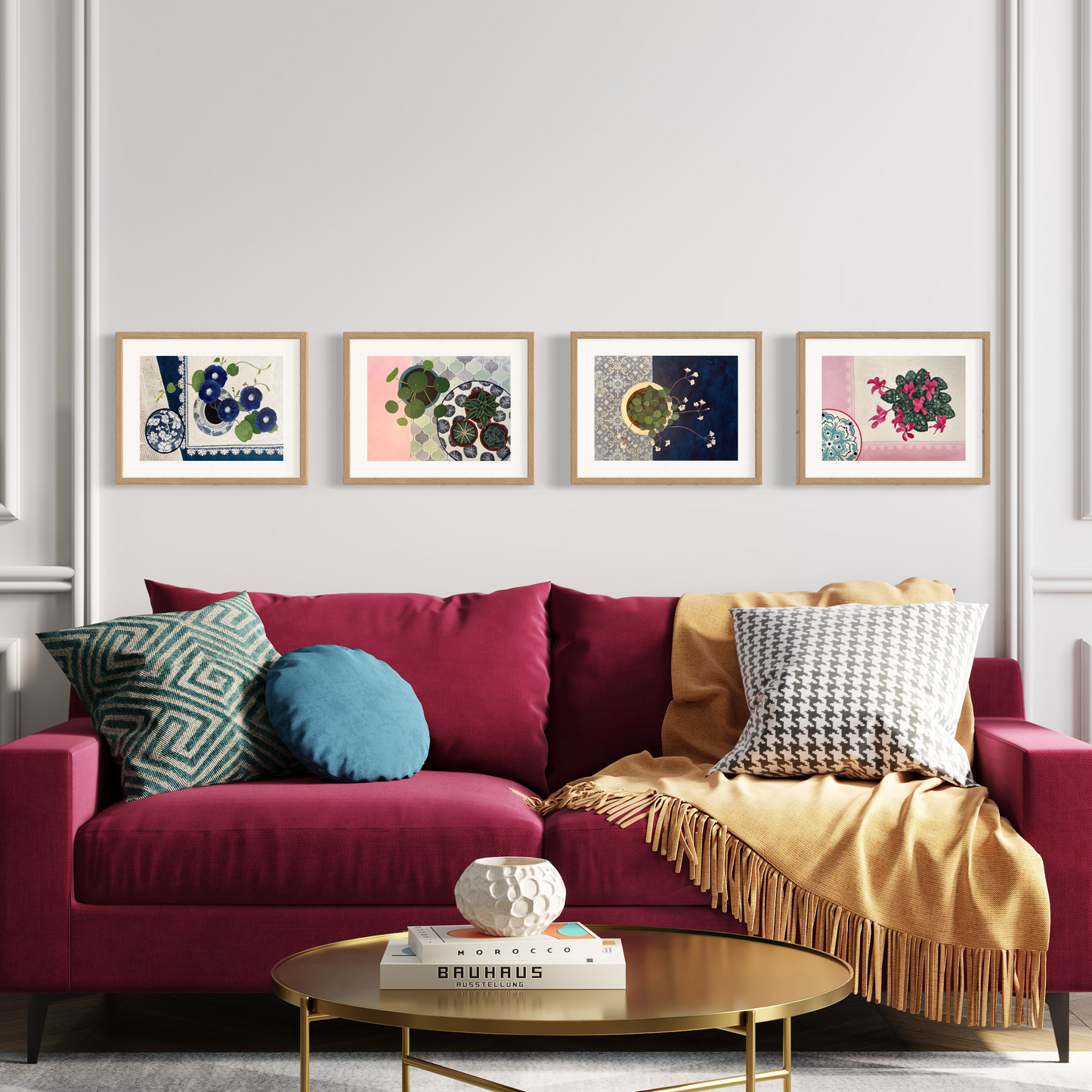 Floral Still Life Set | Four A3 Fine Art Prints | Natural Wood Frame