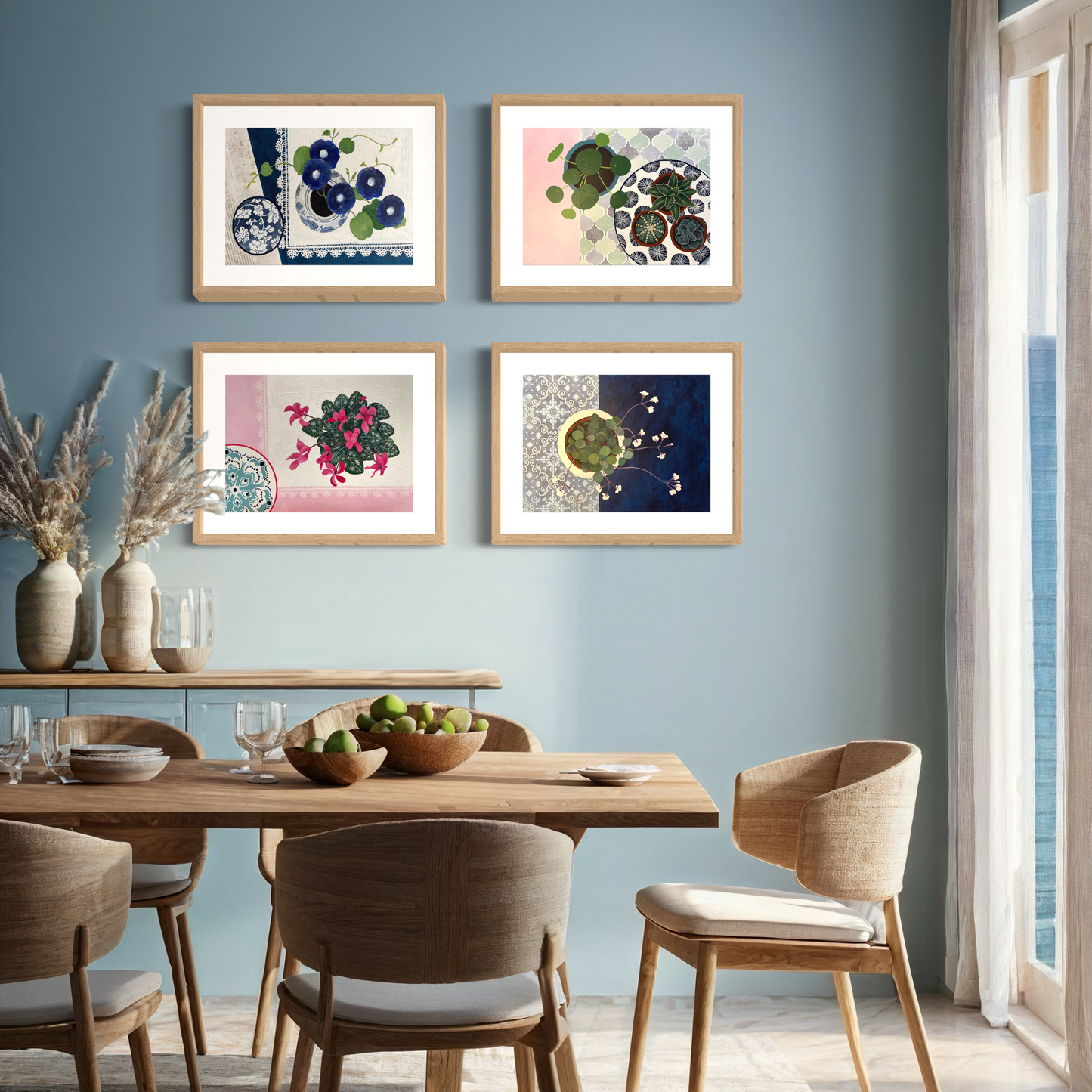Floral Still Life Set | Four A3 Fine Art Prints | Natural Wood Frame