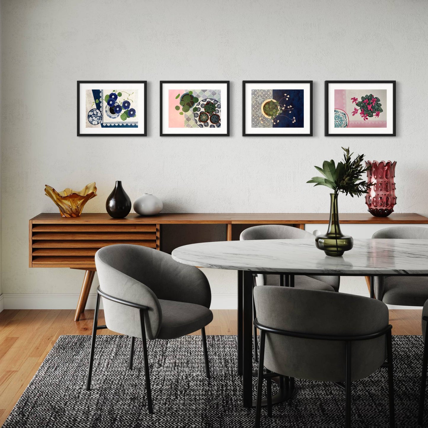 Floral Still Life Set | Four A3 Fine Art Prints | Black Frame