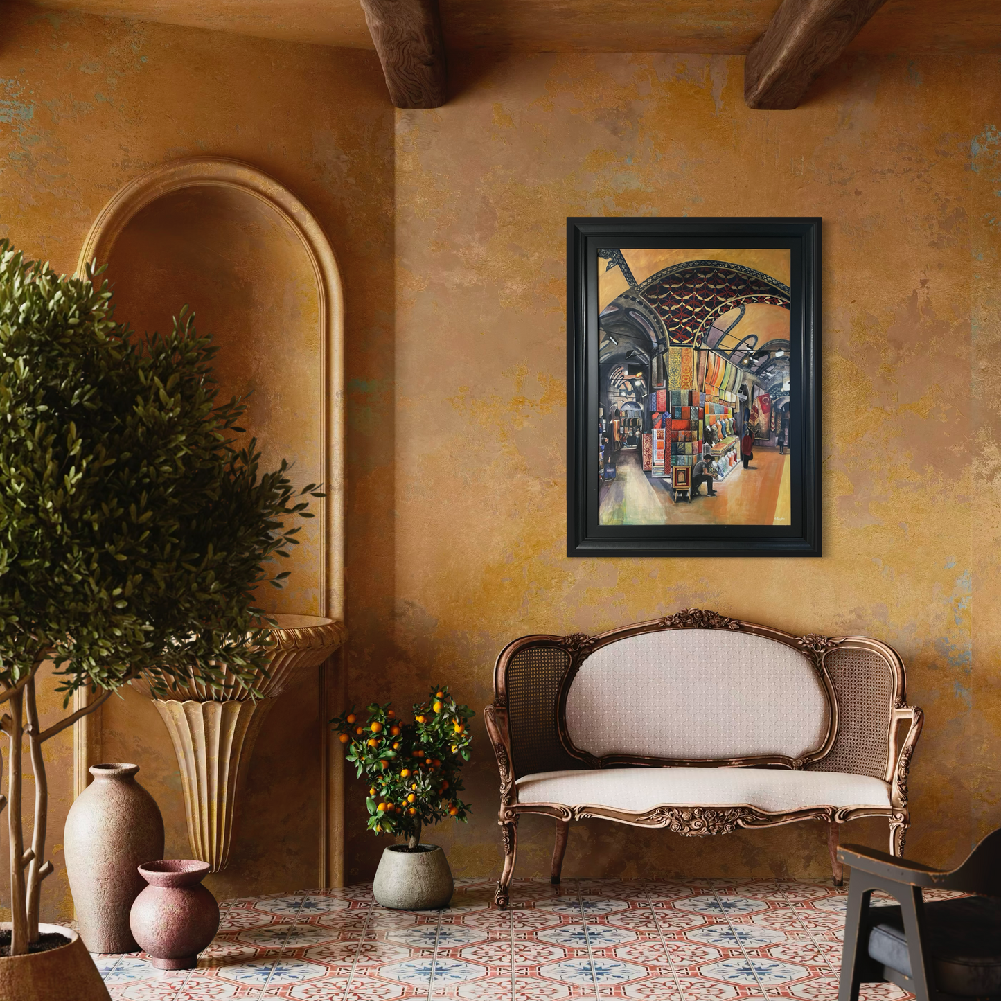 Decorative interior with a framed painting of the interior of the Grand Bazaar in Istanbul, vintage sofa, and potted plants on a patterned floor.