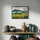 Aegean Autumn landscape by Elaine Boylan. View of Gümüşlük bay on the Bodrum Peninsula in Turkey. Pale blue sky, turquoise sea, hill with flag pole flying the Turkish flag, field in the foreground. Colours are mainly greens, golds and blues. High quality giclée print on stretched canvas with black float frame. Print is shown in a room above a shelf with pottery.
