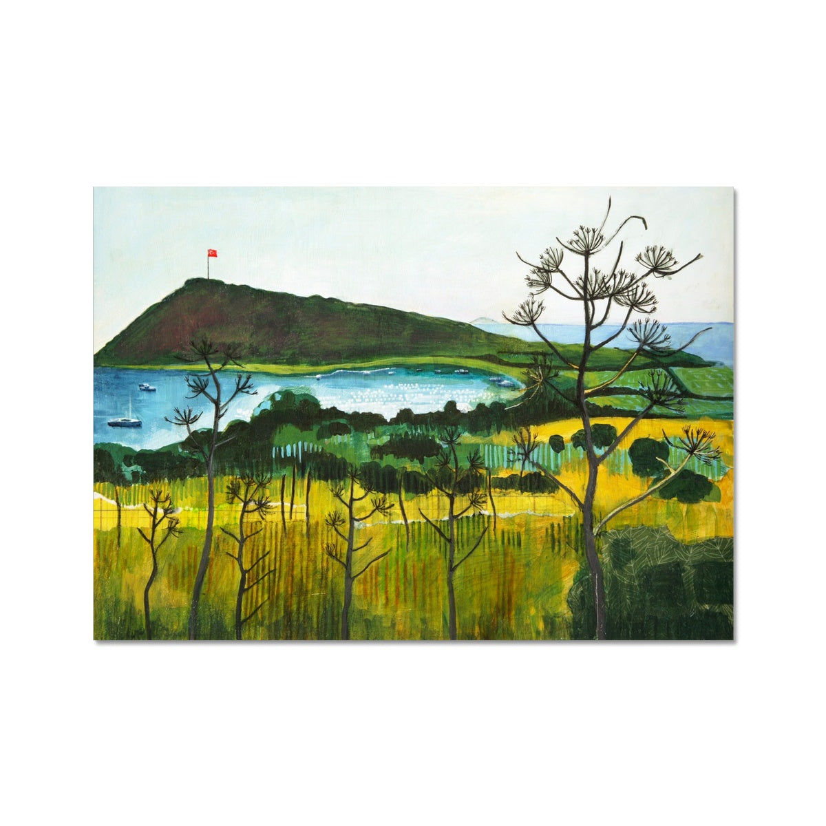 Aegean Autumn mixed media original landscape by Elaine Boylan. View of Gümüşlük bay on the Bodrum Peninsula in Turkey. Pale blue sky, turquoise sea, hill with flag pole flying the Turkish flag, field in the foreground. Colours are mainly greens, golds and blues. Materials are collage and acrylic paint on board.