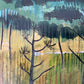 Detail of Aegean Autumn mixed media original landscape by Elaine Boylan. Close up of field in the foreground showing collage and brushstrokes. Colours are mainly greens, golds and blues.
