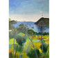 After the Rain mixed media original landscape by Elaine Boylan. View from Gümüşlük on the Bodrum Peninsula in Turkey. Blue sky over the Aegean sea, hill with flag pole flying the Turkish flag, field in the foreground, Greek islands in the distance. Colours are mainly greens, golds and blues. Materials are collage and acrylic paint on board.