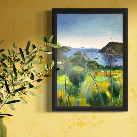 After the Rain mixed media original landscape by Elaine Boylan. View from Gümüşlük on the Bodrum Peninsula in Turkey. Blue sky over the Aegean sea, hill with flag pole flying the Turkish flag, field in the foreground, Greek islands in the distance. Colours are mainly greens, golds and blues. Materials are collage and acrylic paint on board. Framed in a back wood tray frame. Artwork is shown in a bright room on a yellow wall above a sideboard with a vase.