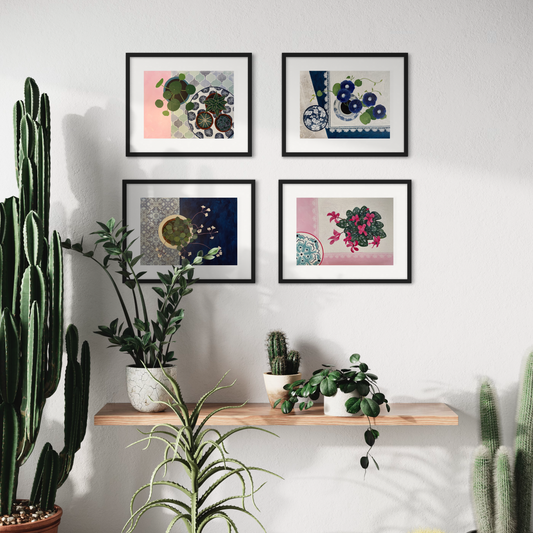 Floral Still Life Set | Four A3 Fine Art Prints | Black Frame