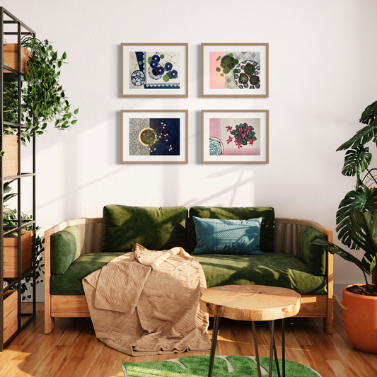 Floral Still Life Set | Four A3 Fine Art Prints | Natural Wood Frame