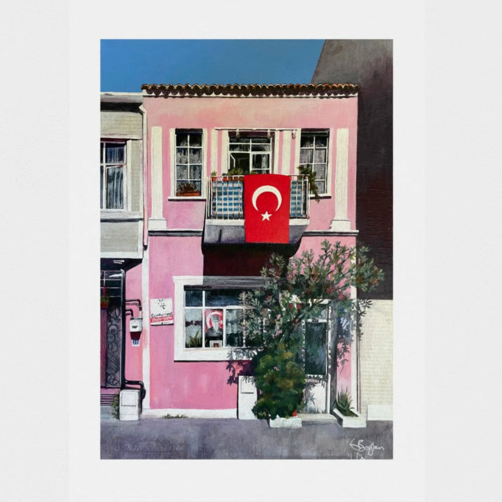 An art print depicting a pink building facade with a prominent Turkish flag hanging from the balcony.